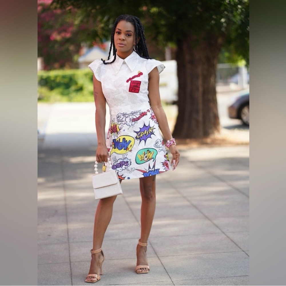 L'ATISTE White and Pink Mini A-Line Dress